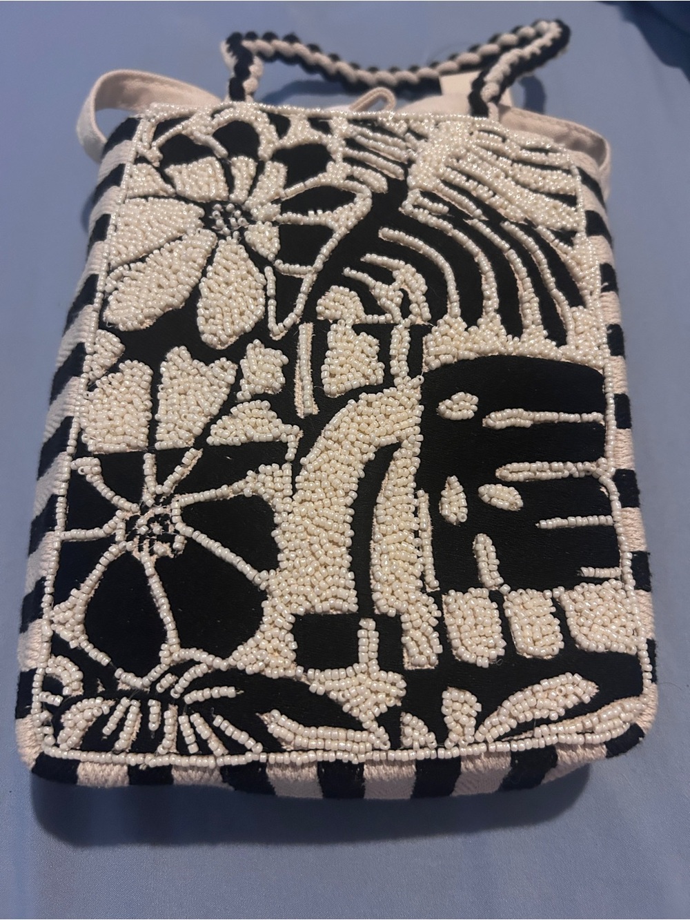 Beaded Floral & Stripe Tote Bag - Black & Cream Crossbody Bag - Picture 6 of 8